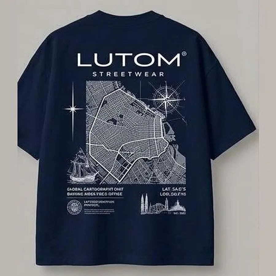 Remera LUTOM azul marino, espalda con mapa de Buenos Aires
