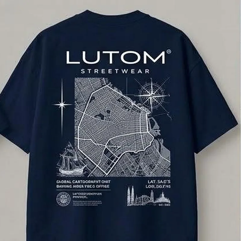 Espalda de la remera LUTOM azul con estampa de mapa de Buenos Aires